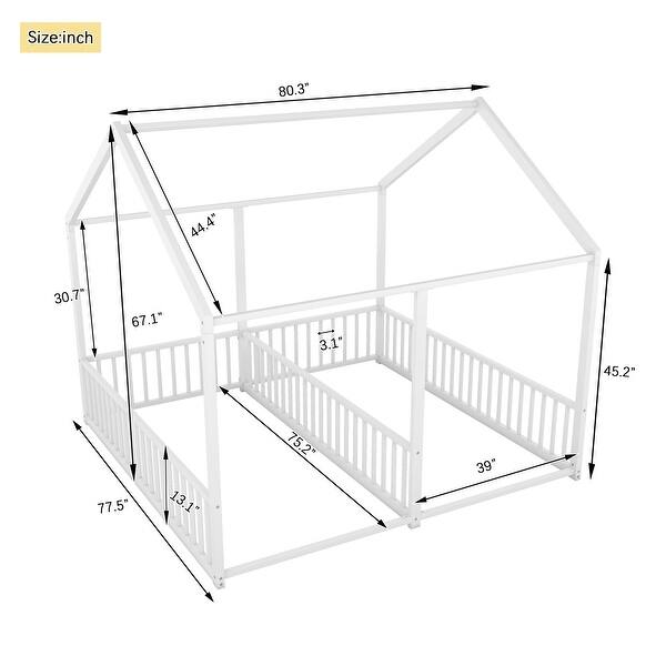 Kids House Bed, Twin Montessori Floor Bed with Rails, Metal Double Platform Bed Frame for Girls Boys, 2 Shared Beds