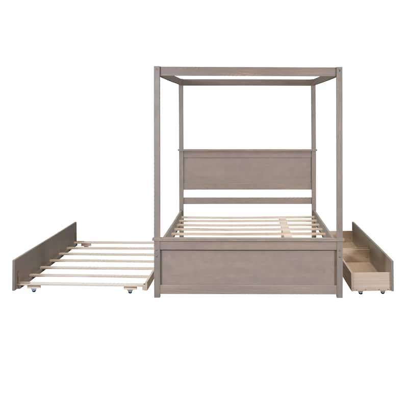 Full Size Wooden Canopy Platform Bed with Trundle Bed and 2 Drawers.