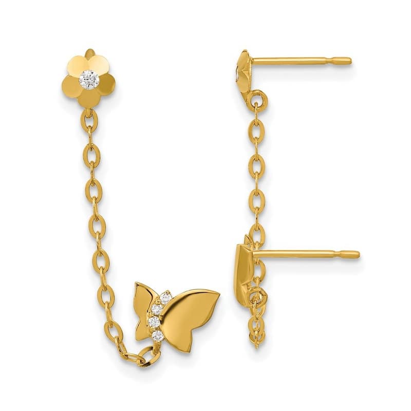 Curata 14k Yellow Gold CZ Cubic Zirconia Double Post With Chain Butterfly Angel Wings and Flower Earrings -
