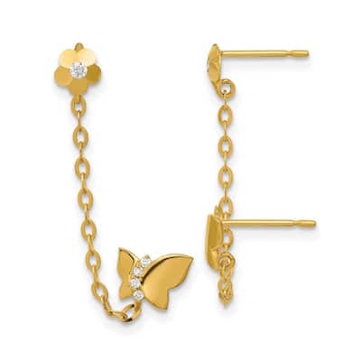 Curata 14k Yellow Gold CZ Cubic Zirconia Double Post With Chain Butterfly Angel Wings and Flower Earrings -