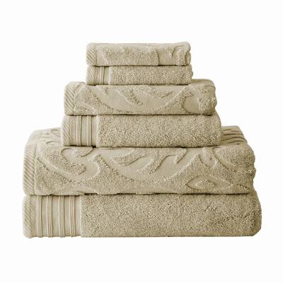Oya 6 Piece Soft Egyptian Cotton Towel Set, Solid Medallion Pattern, Beige