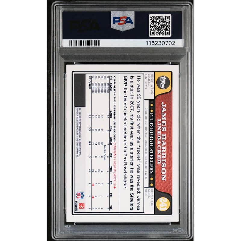 James Harrison 2008 Topps Signed Football Rookie Card #241 Auto Graded PSA 10 Cert # 116230702 - 8' x 11'