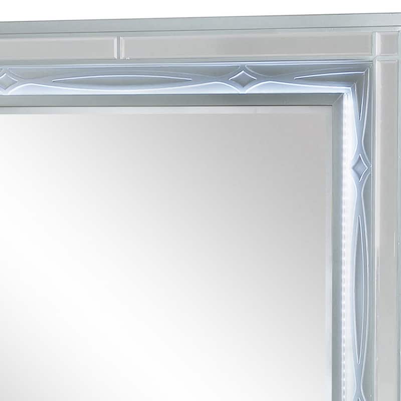 Gina 49 Inch Modern Mirror, Wood Frame, Built In Blue LED, Metallic Silver