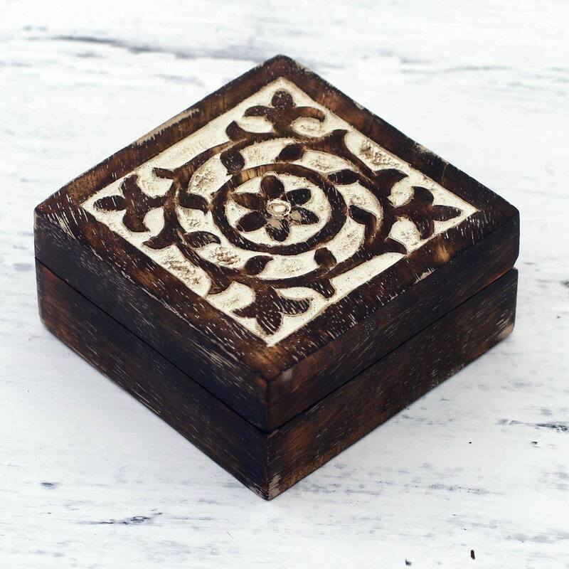 Novica Handmade Floral Circle Wood Decorative Box - 1.5" H x 3.1" W x 3.1" D