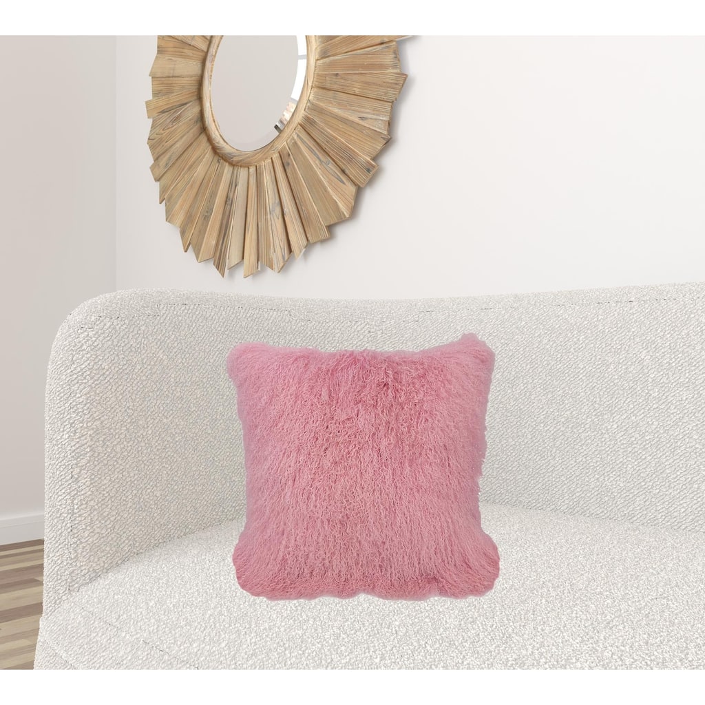 20" Pink Genuine Tibetan Lamb Fur Pillow With Microsuede Backing