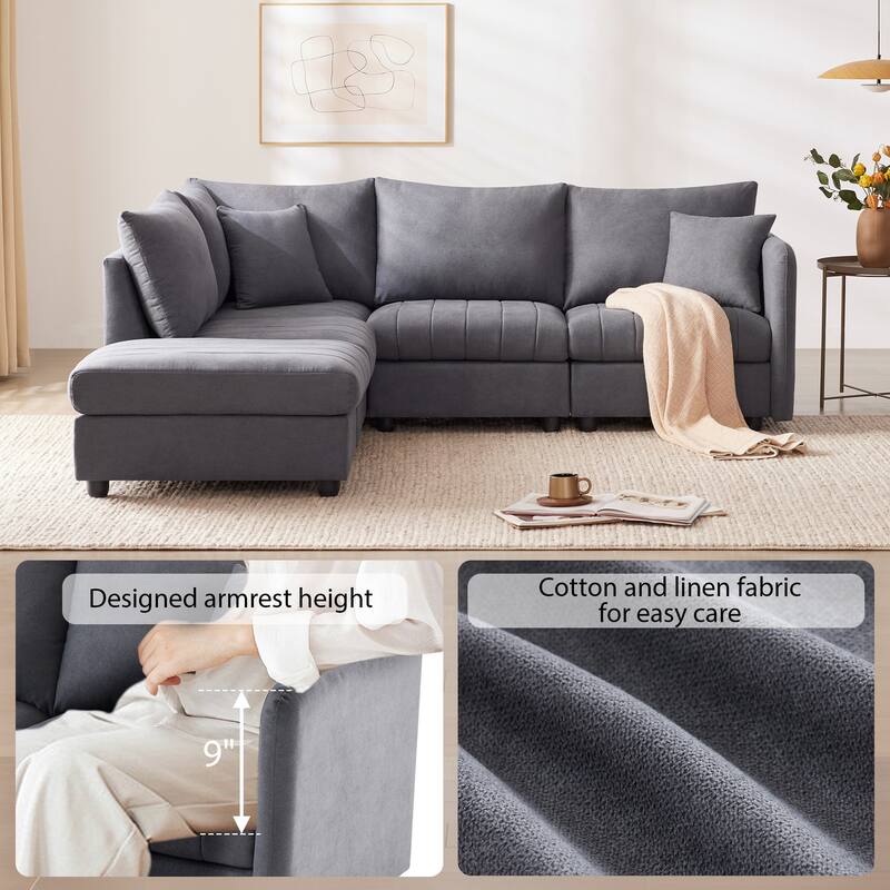 Modular L-Shaped Sectional Sofa with Movable Ottoman, 5 Seat Corner Couch with Throw Pillows, Comfy Cloud Upholstered Sofa