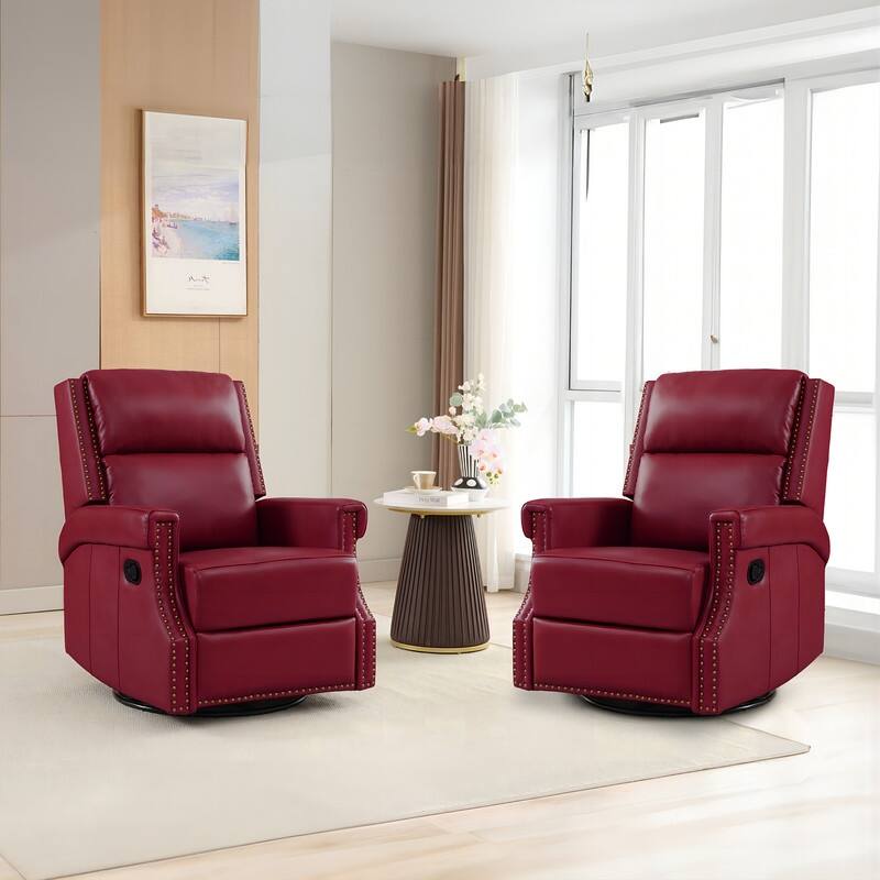 Genuine Leather Manual Rocking Recliner with 360-degree Metal Swivel Base