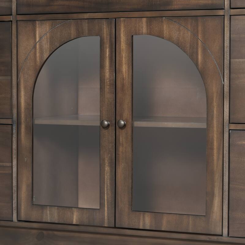 Rustic Wooden Storage Cabinet, Freestanding Buffet Sideboard With Glass Door 7 Drawers Hallway Decorative Cabinet