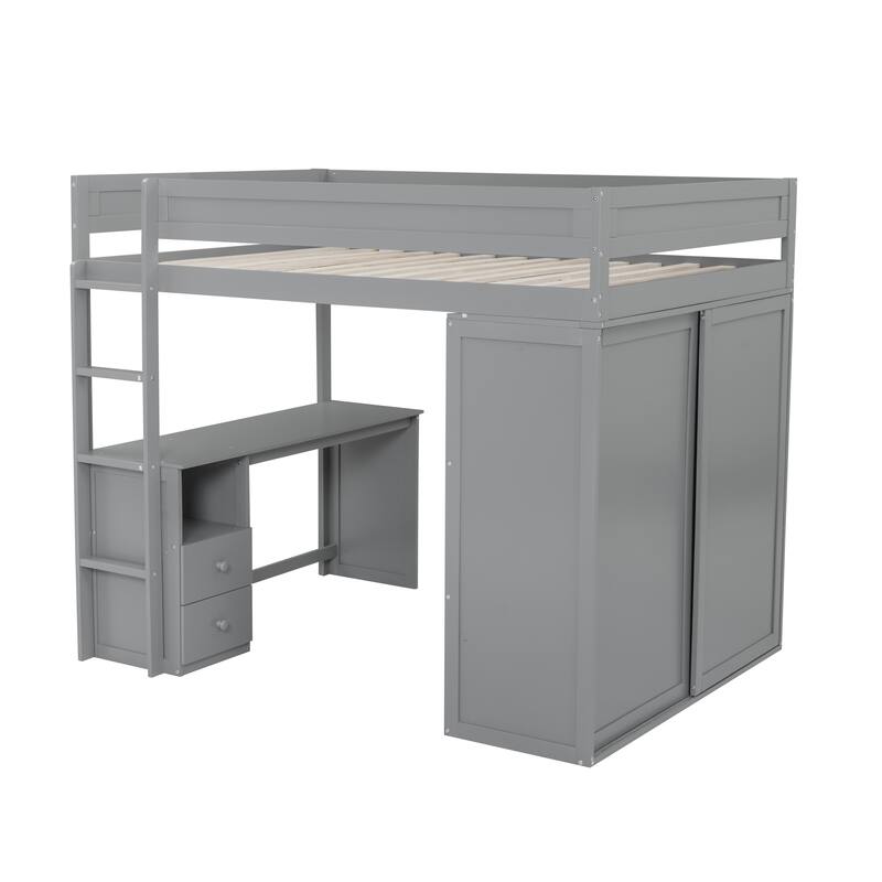 Multifunctional Full Loft Bed with Wardrobe, Desk, and Storage, Ideal for Small Spaces