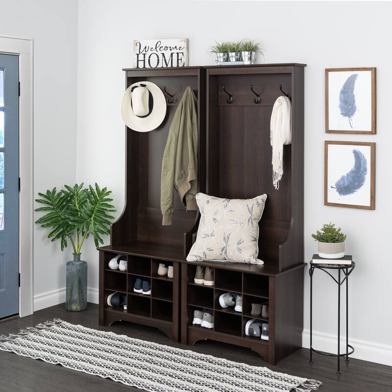 Prepac Hall Tree with Bench and Shoe Storage, Mudroom Bench with Storage and Hooks