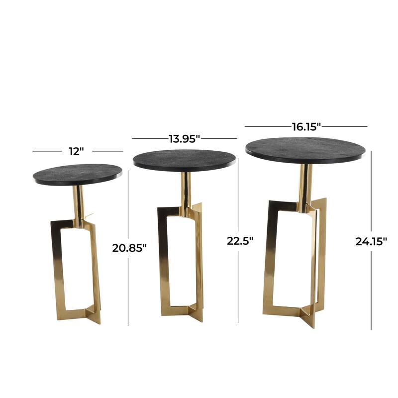 Gold or Black Aluminum Metal Geometric Accent Table with Black Marble Tabletops (Set of 3)
