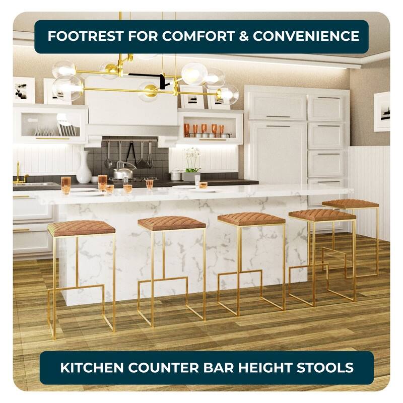 Quincy Modern Leather Barstool with Upholstered Square Seats in Gold Metal & Footrest for Home Bar & Kitchen Counter