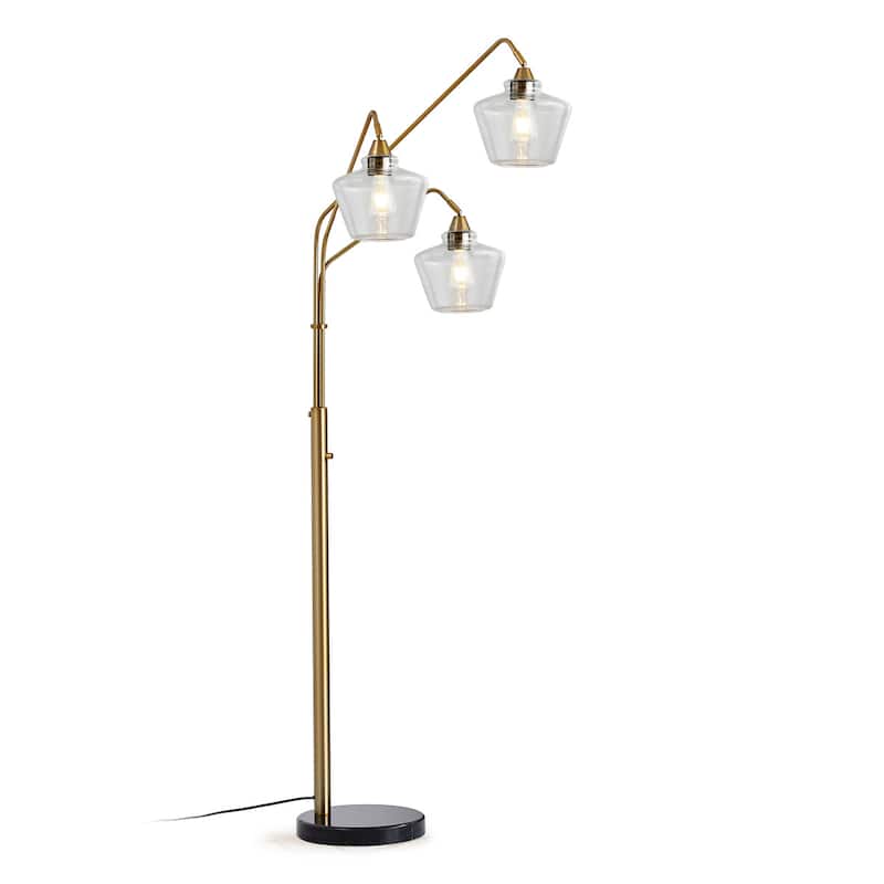 Cafe 3-Light Glass Shades Arch Floor Lamp - BrushedBrass/GlassClear