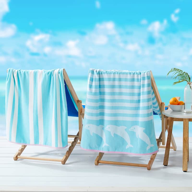 Linery & Co. 100% Cotton Jacquard 2 Pack Summer Beach Towels - 2 Pack- 30" x 60" - Blue Dolphin & Stripes