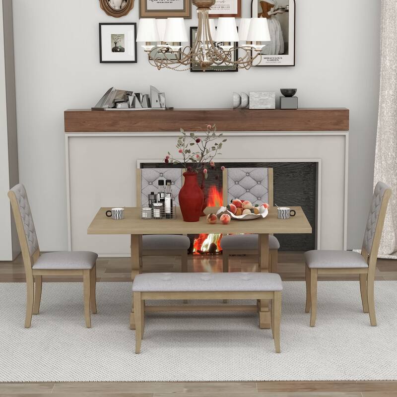 Rectangular Trestle Table and 4 Upholstered Chairs & Bench