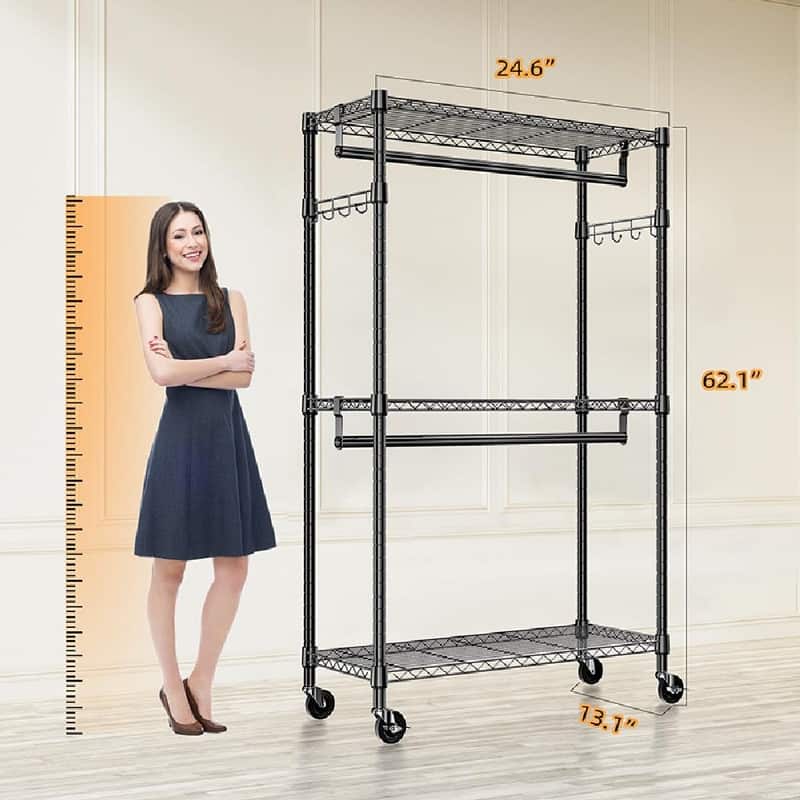 Heavy Duty Rolling Garment Rack with Wheels, 3-Tier Adjustable Wire Shelving, Clothes Rack with 2 Rods & Side Hooks