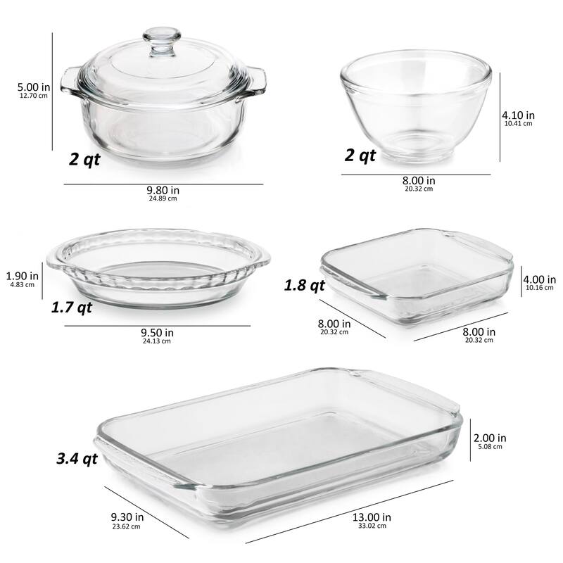 Libbey Baker's Basics 5-Piece Glass Casserole Baking Dish Set with 1 Cover