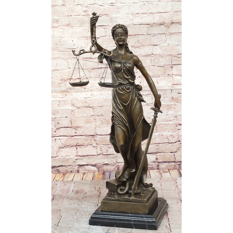 Justica Themis Blind Lady Of Justice Bronze Statue Sculpture On Marble Base By Mayer