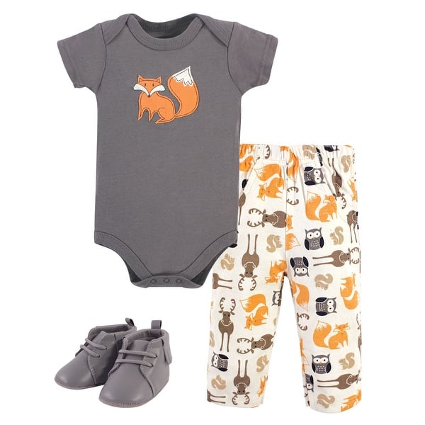 slide 1 of 1, Hudson Baby Infant Boy Cotton Bodysuit, Pant and Shoe 3pc Set, Boy Forest 0-3 Months - Boy Forest