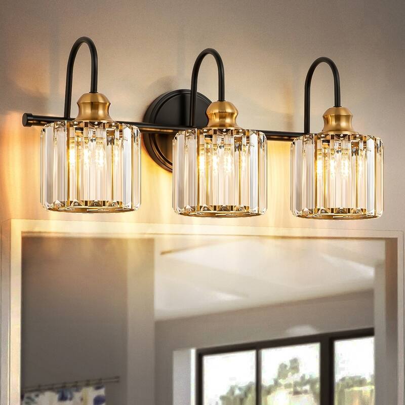 3/ 4 - Light Modern Glam Luxuriou Dimmable Crystal Bathroom Vanity Light Linear Wall Light - 3 Light - Black with Brass