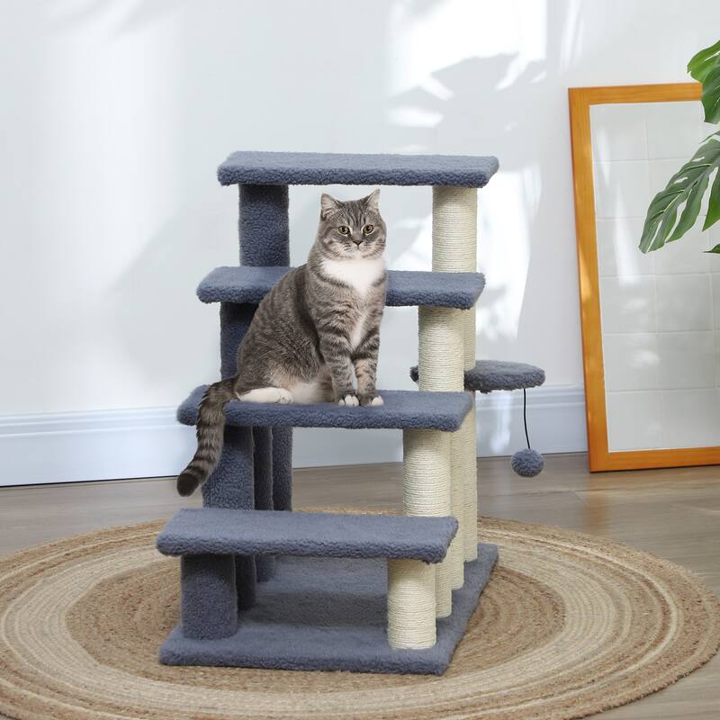 Anmytek Plush Cat Tree with Play Features Multi Functional Pet Activity Tower for Climbing Scratching and Resting