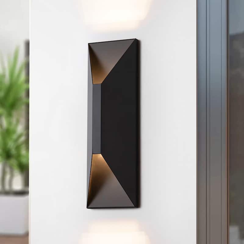 14 in. Modern Black Rectangular Geometric Integrated LED 3000K Outdoor Sconce Wall Light - 4.45 in. W x 14.06 in. H x 3.3 in. D - 4.45 in. W x 14.06 in. H x 3.3 in. D - Black