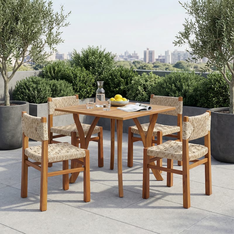 Christopher Knight Home - 5-Piece Acacia Wood Outdoor Square Dining Table Set with Wicker Woven Dining Chairs - Natural+Light Grey Wicker