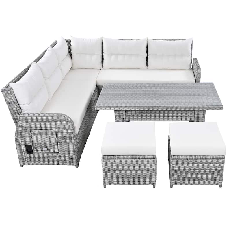 Outdoor Furniture Set Patio Rattan Furniture Set with an Adjustable Table, Recliners with Extendable Side Tables