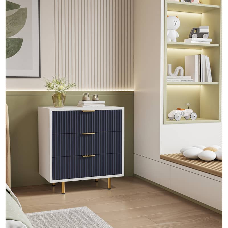 3 Drawer Dresser, Fluted Modern Nightstand with Deep Drawers, Chest of Drawers with Wide Top, Wooden Dresser Organizer - White+Blue
