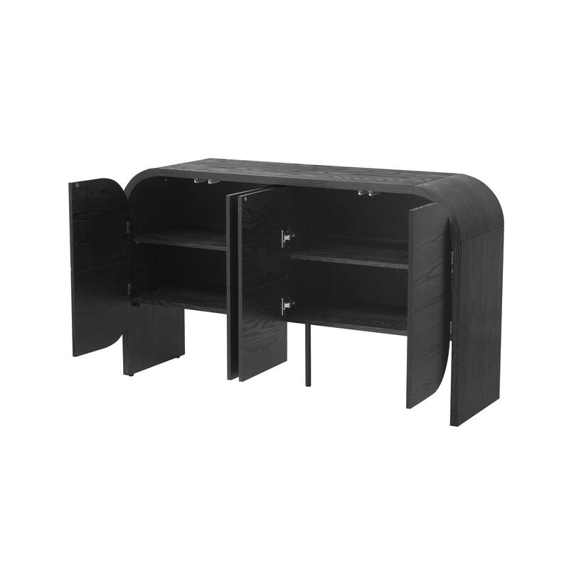 Retro 4 Doors Buffet Cabinet Curvy Edg Sideboard Cabinet with Adjustable Shelves, for Living Room, Kitchen, Black