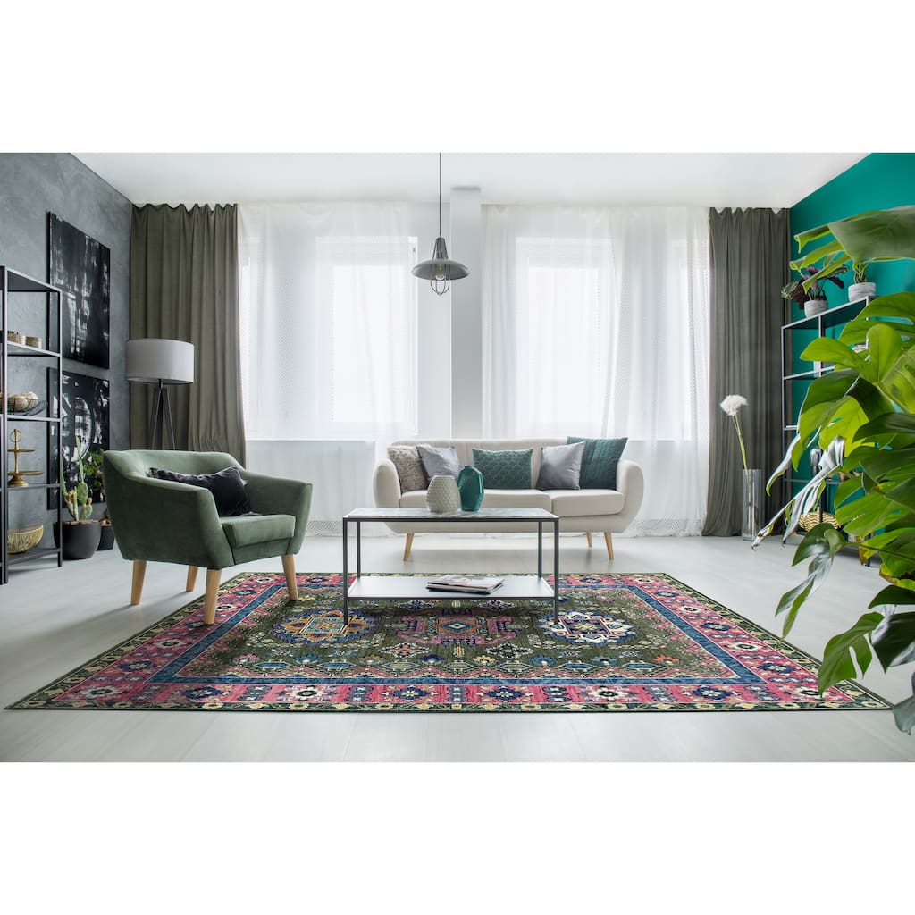 Hand-knotted Wool GREEN / LT.FUSHIA Traditional Classic Rug