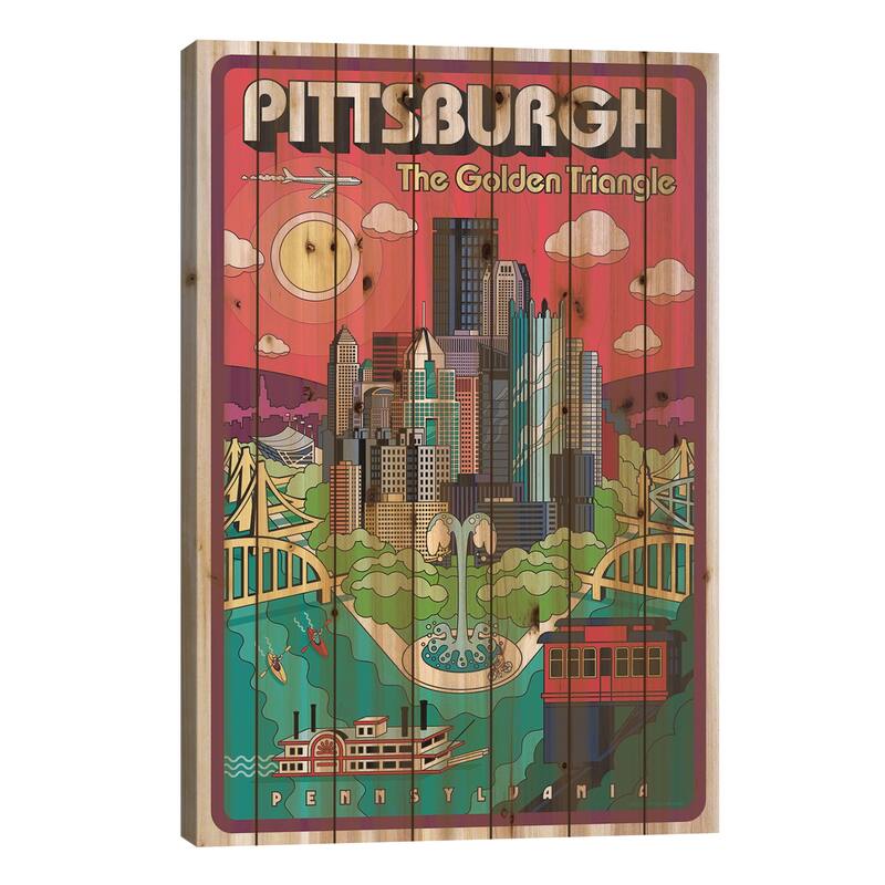 Pittsburgh Pop Art Travel Poster Print On Wood by Jim Zahniser - Multi-Color - 40x26x1.5