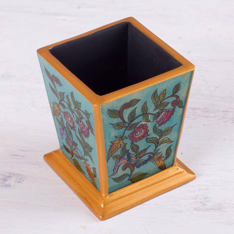 Handmade Flowering Companion Reverse-Painted Glass Pencil Holder (Peru) - 3.9" H x 3.3" W x 3.3" D