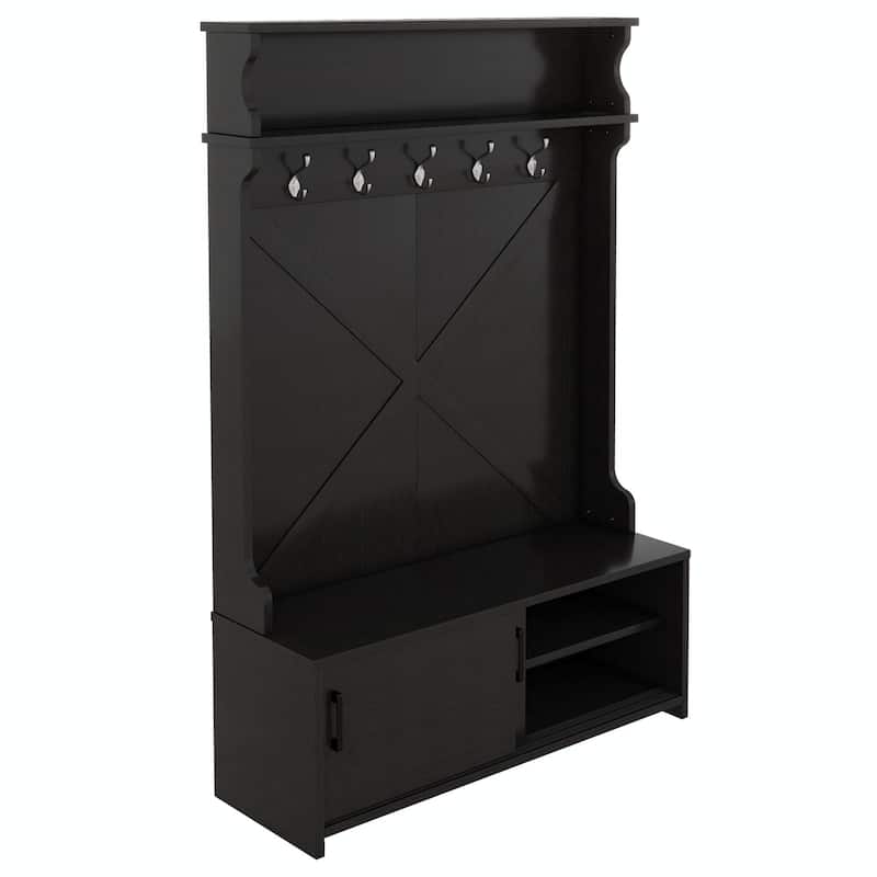74.8"H Hall Tree with Top Shelf, Storage Bench, Sliding Doors and 5 Hooks