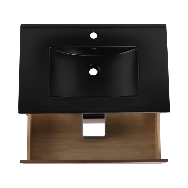 Modern 24" Floating Bathroom Vanity with Black Ceramic Basin, Soft-Close Drawers, Water-Resistant Melamine Surface