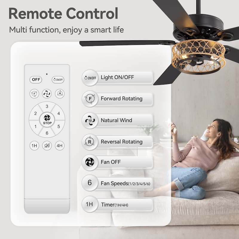 52" Reversible 5-Blade Farmhouse Caged Ceiling Fan with Light and Remote