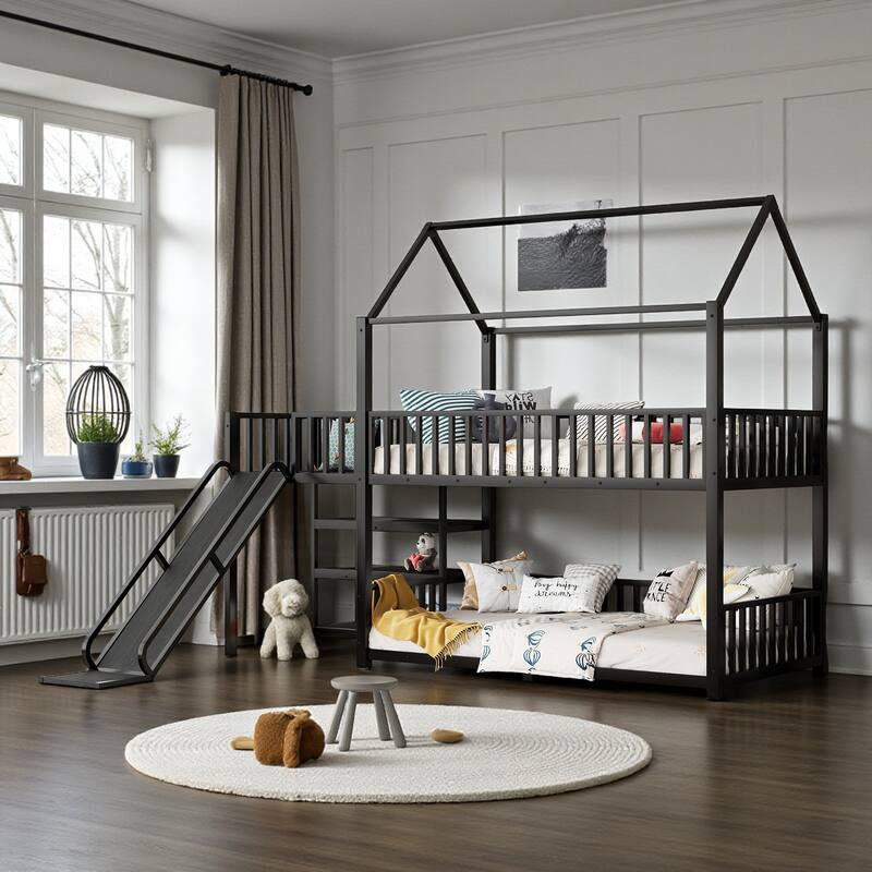 Metal House Bunk Bed with Storage Stairs and Slide, Safety Rails, Twin/Full Kids Bed Frame - Black - Twin