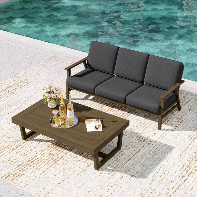 2-Piece Teak Outdoor Sofa Set with Table - Dark Grey/coffee table - Brown Wood