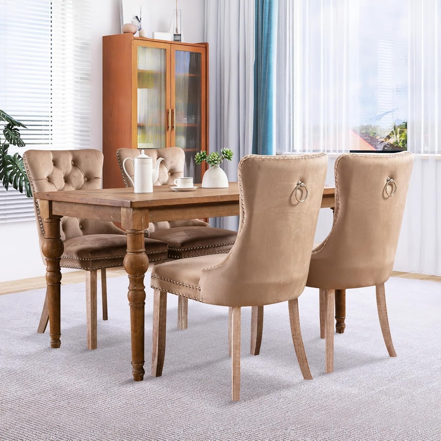 Modern Velvet Dining Chair Set of 4, Upholstered Tufted with Nailhead Trim and Solid Wood Leg, Khaki