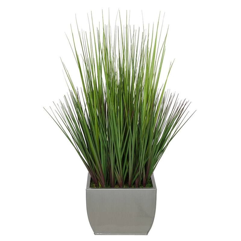 Faux PVC Grass in Medium Rectangle Zinc Vase - Silver