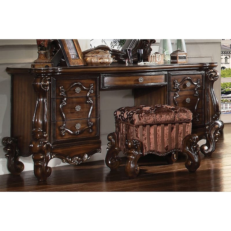 Wooden and Metal Vanity Desk with 7 Drawers In Cherry Oak