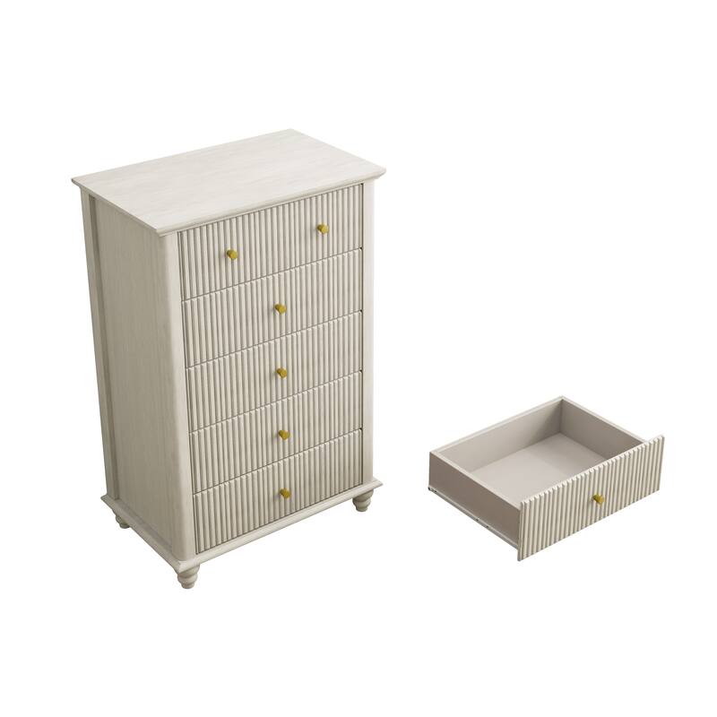 Fluted 5-Drawer Dresser in Beige, Versatile Wooden Storage Solution