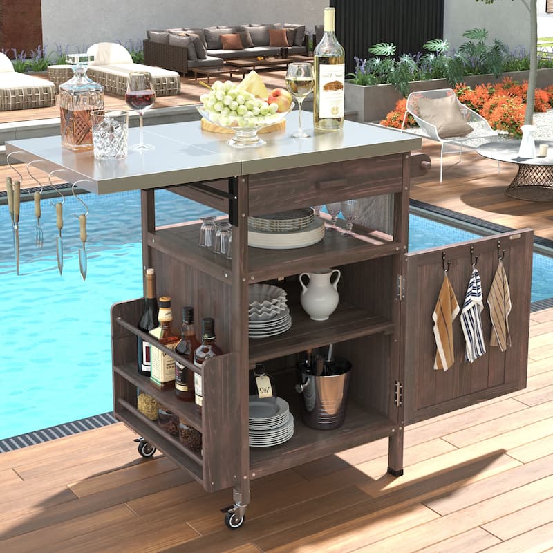 40.5" Outdoor Grill Cart with Stainless Steel Top, Storage Cart with Drop Leaf, Rolling Kitchen Cart with Lockable Wheels - Brown