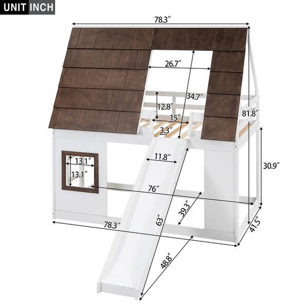 House Bunk Beds with Slide, Wood Twin Over Twin Bunk Beds with Roof, Window, Ladder and Guardrails for Kids Teens