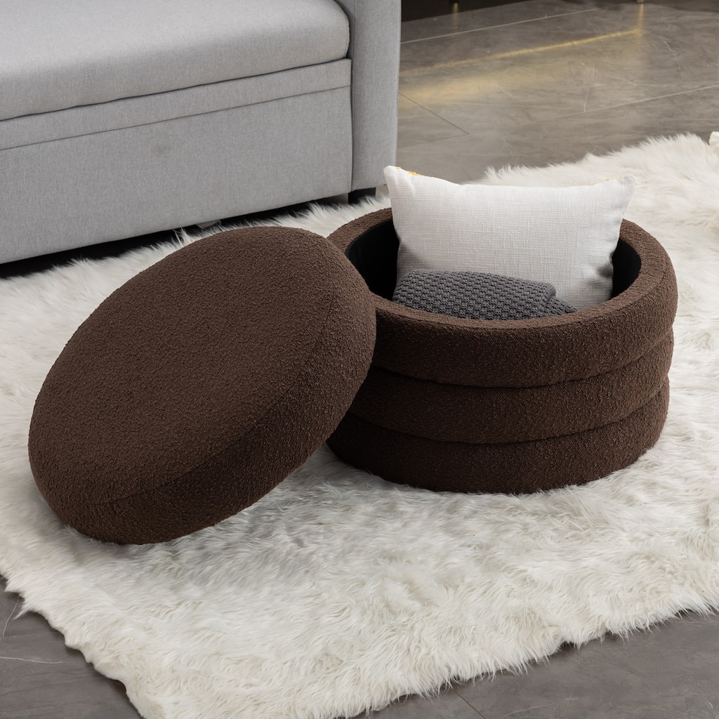 Boucle Fabric Round Storage Ottoman Footstool with Wooden Shelving
