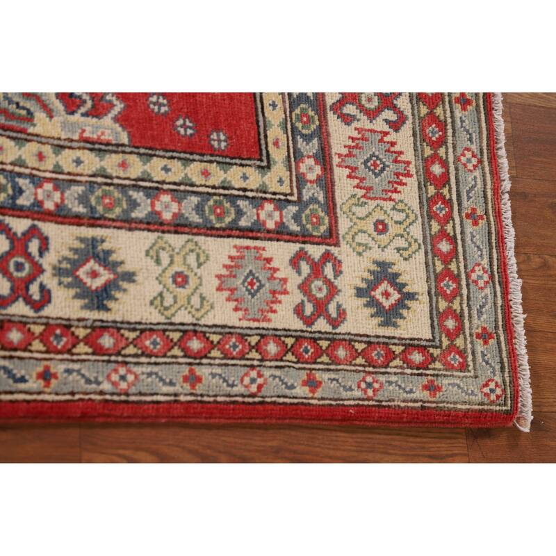 Geometric Kazak Accent Rug Handmade Red Wool Carpet - 3'2"x 5'0"