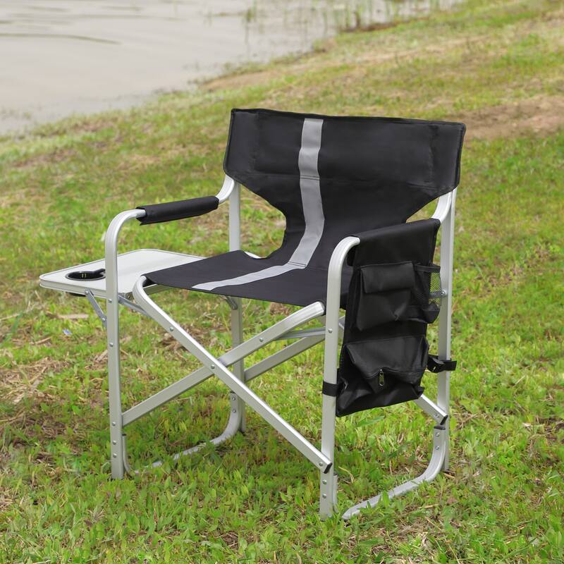 Padded Folding Outdoor Chair with Side Table and Storage Pockets - Black +Gray