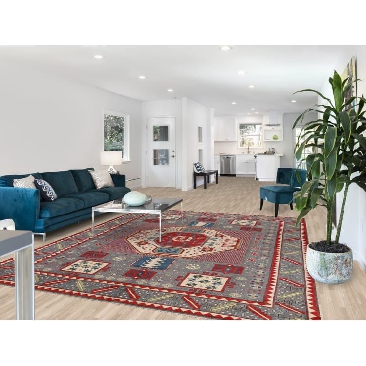 Hand Knotted Oriental 100% Wool Carpet Traditional Medallion Greys & Charcoal Kazak Area Rug - 10' 0'' X 8' 1''