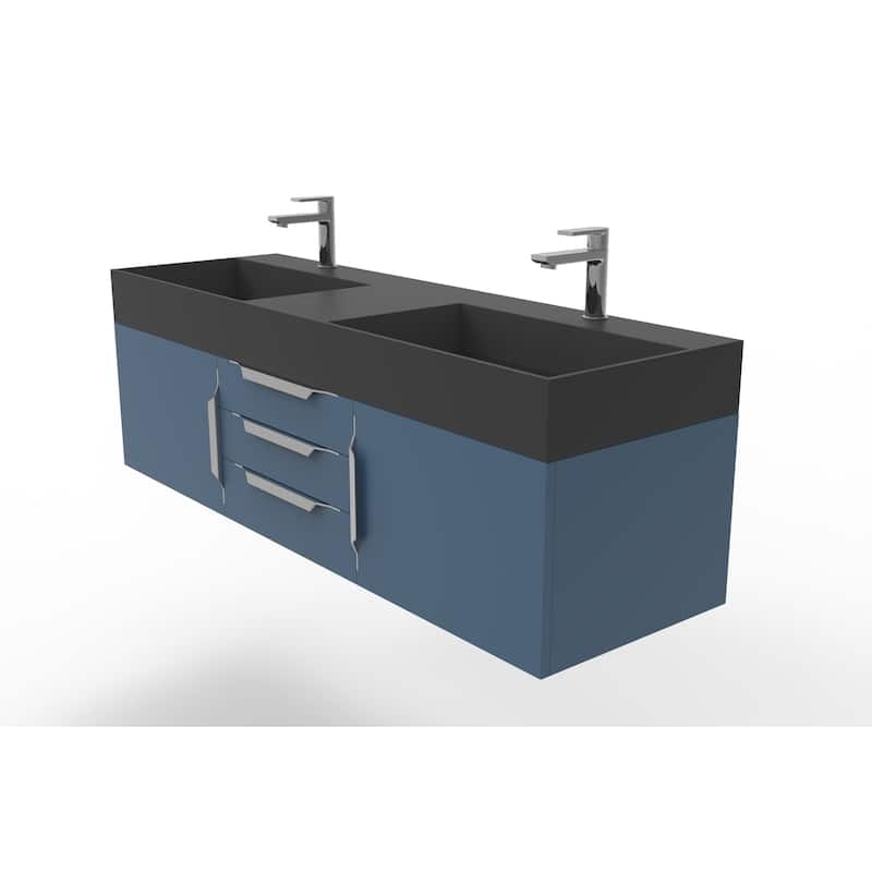 Amazon 60" Wall Mounted Bathroom Vanity Set w/ Black Top