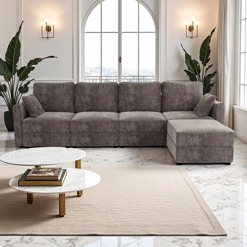 L-Shaped 4-Seater Sectional Sofa with Storage Ottoman - Grey